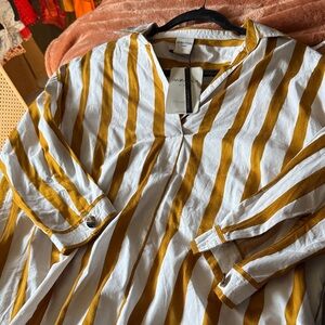 Women’s Collared Top Tunic Mustard and White Striped Blouse Size L